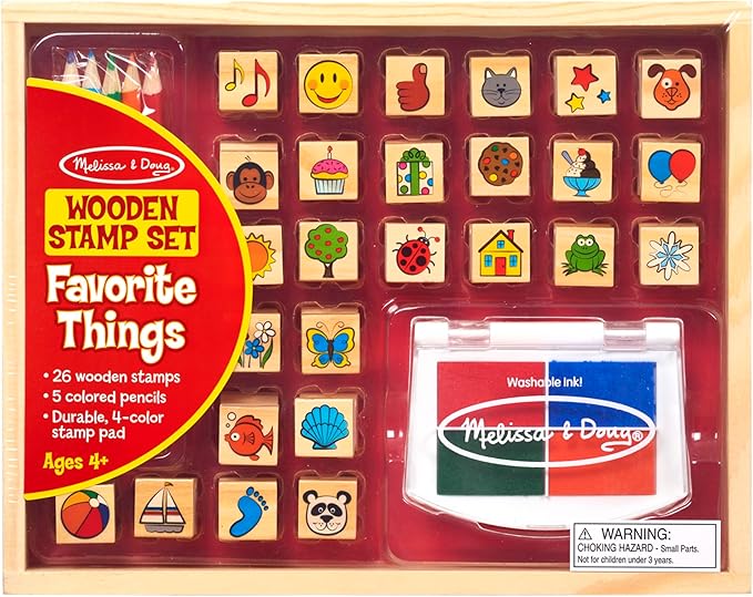 Melissa & Doug Wooden Stamp Set, Favorite Things - 26 Wooden Stamps, 4-Color Stamp Pad Kids Art Projects, Stamps With Washable Ink, For Kids Ages 4+