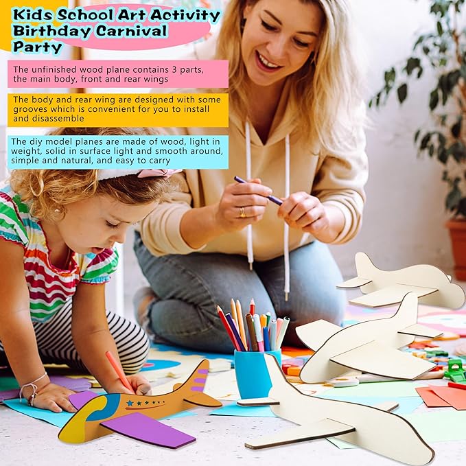Feradny 24 Pack DIY Model Planes Unfinished Wooden Airplane Model Toys Wood Plane Paint kit Aircraft Plane Model for Kids School Art Activity Birthday Carnival Party, 4 Styles