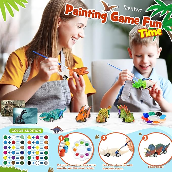 faentwc Painting Toys for Kids 5-7 2 in 1 Dinosaur Arts Painting Kits and Pull Back Cars Toy for Boys 3-12 Year Old Art & Craft Set for Girl DIY Easter Birthday Gifts for Kid Age 4 5 6 7 8 9 10