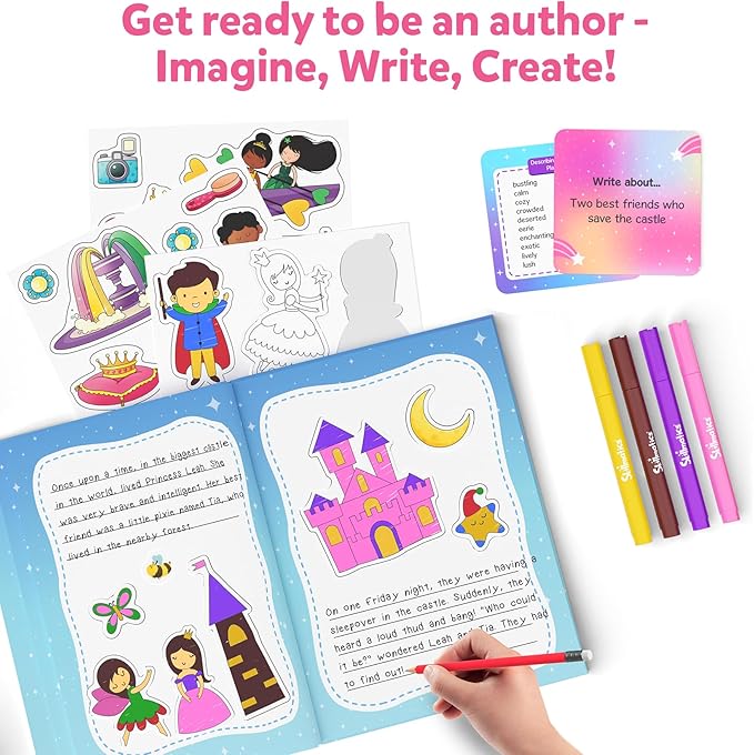 Skillmatics Storybook Art Kit - Unicorns & Princesses Art Kit for Kids, Write & Create Fairytale Storybooks, Creative Activity for Girls, DIY Kit, 150+ Stickers, Gifts for Ages 5, 6, 7, 8, 9, 10
