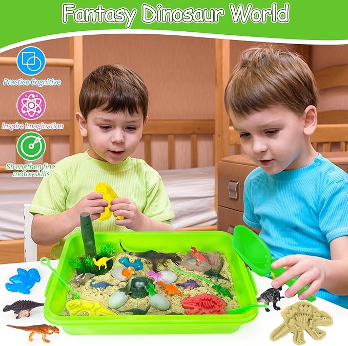 YongnKids Dinosaur Sensory Bin Sandbox Toys,Sensory Sand Art Kit with 14 Dinosaur Toys & 2.2lb Magic Sand & Dinosaur Sand Molds -Fun Sand Toys Birthday for Girls Boys Toddler 3 4 5 6 7 Years Old