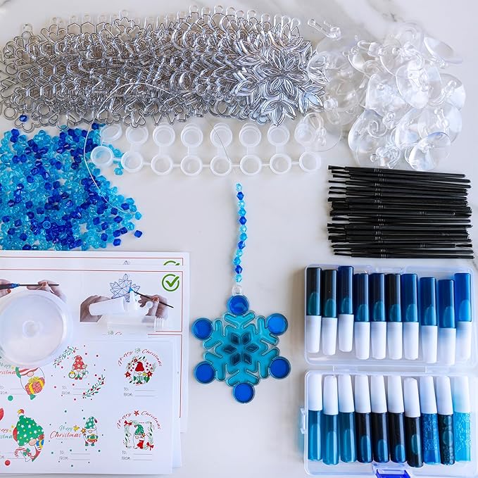 Winlyn 24 Sets Snowflake Suncatchers Ornaments Decorations DIY Window Paint Art Suncatchers Christmas Craft Kits Hanging Snowflake Sun Catchers for Kids Christmas Winter Home Classroom Party Activity