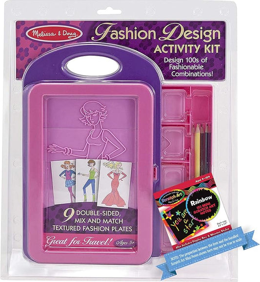 Melissa & Doug Fashion Design Activity Kit w/ 9 Double Sided Textured Fashion Plates & 1 Scratch Art Mini-Pad Bundle (04312)
