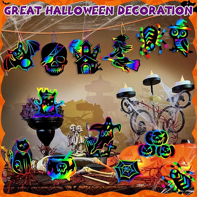 Halloween Crafts Kit for Kids, 48 Pcs Magic Scratch Off Cards Paper Hanging Set, Halloween Party Favors Gifts Ornaments for Kids Halloween Party Games Classroom DIY Activity Art Craft Supplies