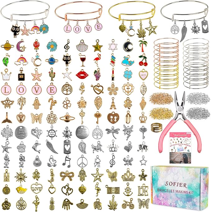 Sofier 542pcs Bangle Bracelet Making Kit DIY Jewelry Making Kit and Supplies Expandable Charm Bracelets Pendants Plier Set Toy Art Craft Gift for Girl Teen Women Adult