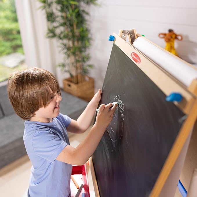 Melissa & Doug Deluxe Standing Art Easel - Dry-Erase Board, Chalkboard, Paper Roller, 36 months to 84 months