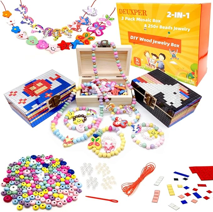 DEUXPER DIY Mosaic Jewelry Box & Beads Bracelets for Kids Ages 8-12, Crafts for Girls 6-8 9 10 11 Year Old, Girls Toys 10-12, Arts and Crafts for Kids, 7 Girl Birthday Gift