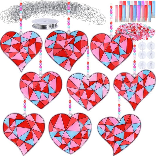 Qyeahkj 32 Sets Valentine's Day Suncatcher Crafts Kit for Kids DIY Heart Window Paint Suncatcher Arts Crafts Valentines Window Ornament Decor for Valentine's Day Gift Classroom Art Project Gift Favor