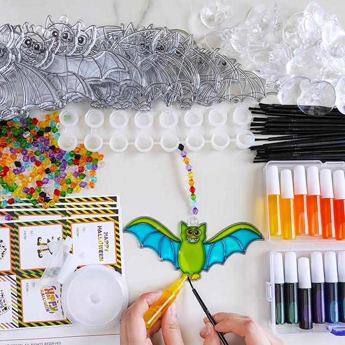 Winlyn 24 Sets Halloween Bat Suncatchers Ornaments Halloween Decorations DIY Window Paint Art Suncatchers Halloween Craft Kits Suncatchers Painting Kits for Kids Activities Classroom Art Project