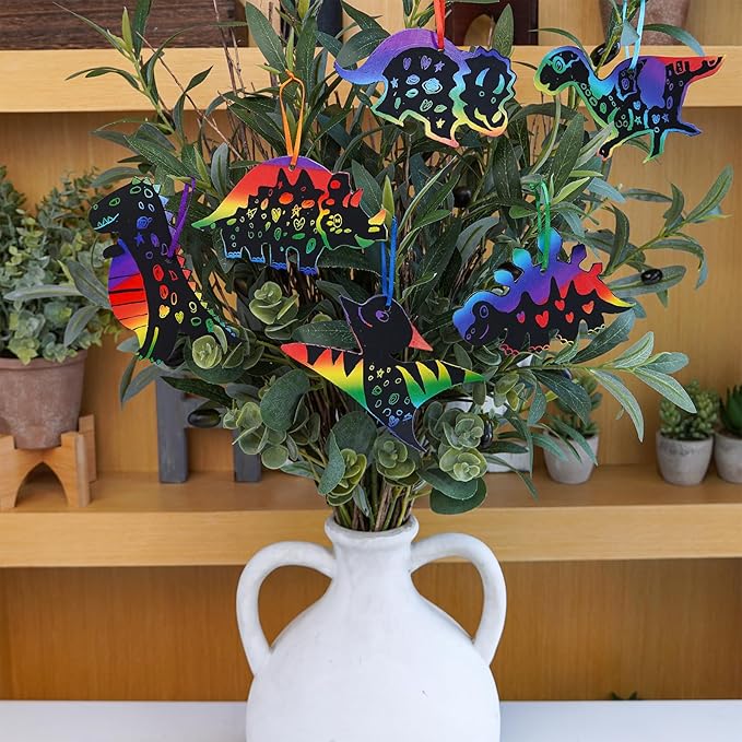 Winlyn 48 Sets 12 Styles Magic Color Scratch Dinosaur Ornaments Craft Kits Rainbow Scratch Paper Art Sets Scratch Paper Dinosaur with Scratching Tools for Kids Classroom Activities Party Favors