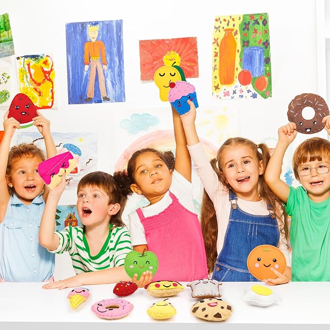 ZOIIWA 16 Sets Food Themed Sewing Kit for Kids Valentine's Day Fun Craft for Boy Girl Felt Plush Craft Kit Sewing Kit Learn to Sew Kit Educational Beginners Sewing Stuffed Ornament for Classroom Gift