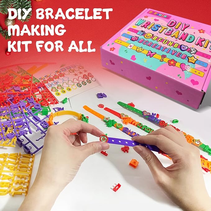 DIY Friendship Bracelet Making Kit for Girls, Charm Kids Wrist Band Making Kit with Stickers, 4 Color Letters, Icons & 5 Straps, Christmas Gifts, Fun Craft Activity for Girls Birthday & Party