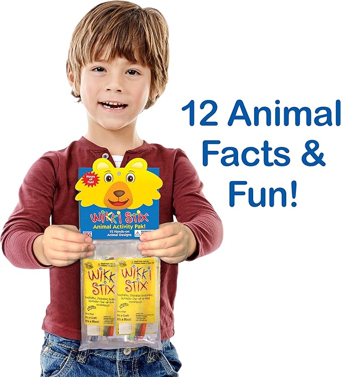WIKKI STIX Animal Activity Pak - Features 12 Zoo Animals with Hands-on Activity and Fun Fact on Each, Made in The USA! Multiple Colors !