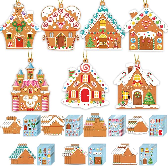 GuassLee Christmas Ornaments Art and Crafts for Kids - 28pcs DIY Christmas Gingerbread House Cutouts with Christmas Lollipop Candy Cane Stickers for Xmas Tree Home Party Favors Classroom Art Activity