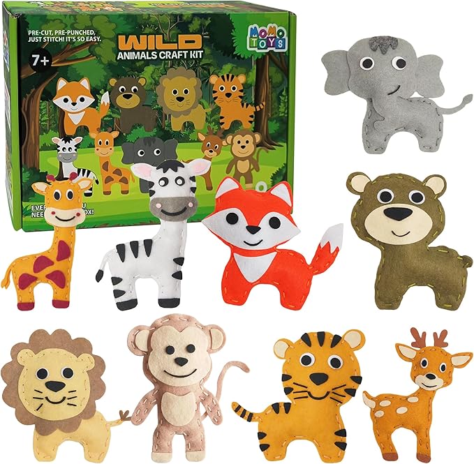 MOMOTOYS Kids Sewing Kit for Kids, Fun & Educational Wild Animals Sew Craft Set for Boys and Girls Ages 8-12, Complete Beginner Sewing Kit with Felt Plushie for Creative DIY Projects