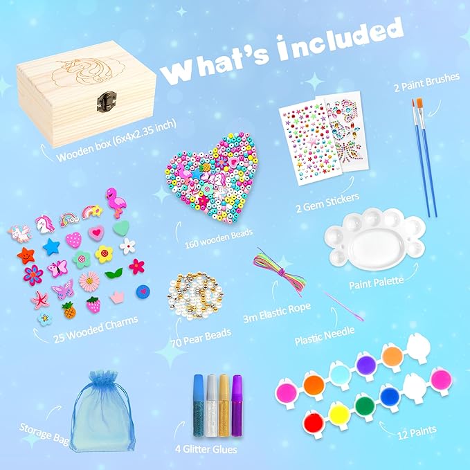 Arts and Crafts for Kids Girls Age 6-8, Paint Your Own Jewelry Box & Bracelet Making Kit, Unicorn Toys for Girls 8-12 Years Old, 250PCS Wooden Beads Charms Jewelry Making Kit Christmas Gift