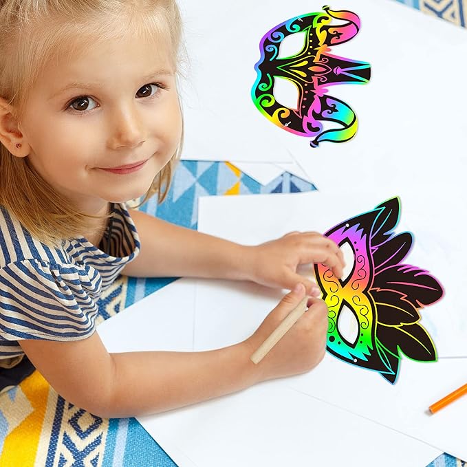 WATINC 24pcs Mardi Gras Scratch Masks for Kids, Carnival Prom Art Craft Kit, Masquerade Party DIY Magic Color Paper Mask, Costumes Dress Up Scratch Off Cards Supplies