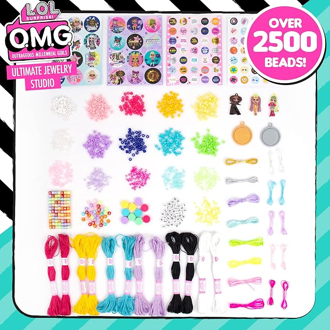 L.O.L. Surprise! O.M.G. Double Feature Ultimate Jewelry Studio, Over 2500 Beads, Create 50+ Pieces of Jewelry Doll Charms, Alphabet Beads & Stickers, Bead Kit for Kids Ages 6, 7, 8, 9