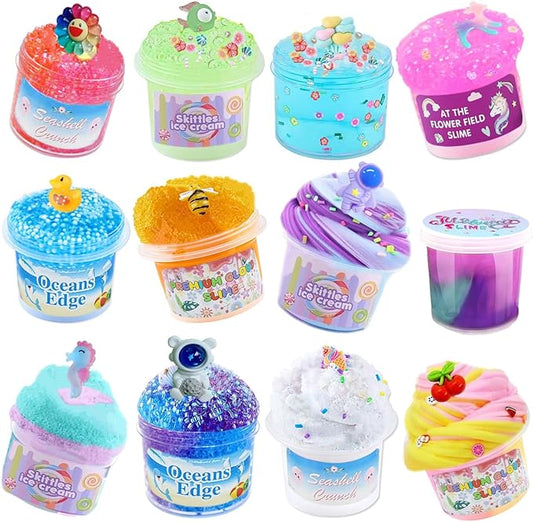 Newest Crunchy Slime Set 12 Packed for Kids,Super Soft and Non-Sticky Stress Relief Clear Slime Toy,DIY Butter Slime Party Favor for Girls & Boys