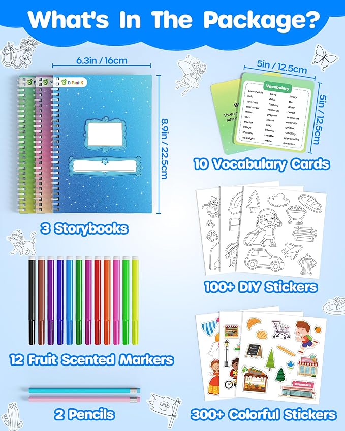 D-FantiX My Storybook Art Kit, Creative Activity for Boys Girls, Hardcover Comic Book Making kit with Stickers, DIY Craft Art Drawing Gifts for Kids