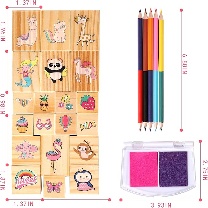 Unicorn Wooden Stamp and Sticker Set for Girls, Unicorn, Mermaid, Panda, Alpaca, Sloth, Cats, Rainbow, Butterfly Stamps, Activity Craft Set for Girls Boys Kids Gift Ages 4 5 6 7 8 9 10 Years Old