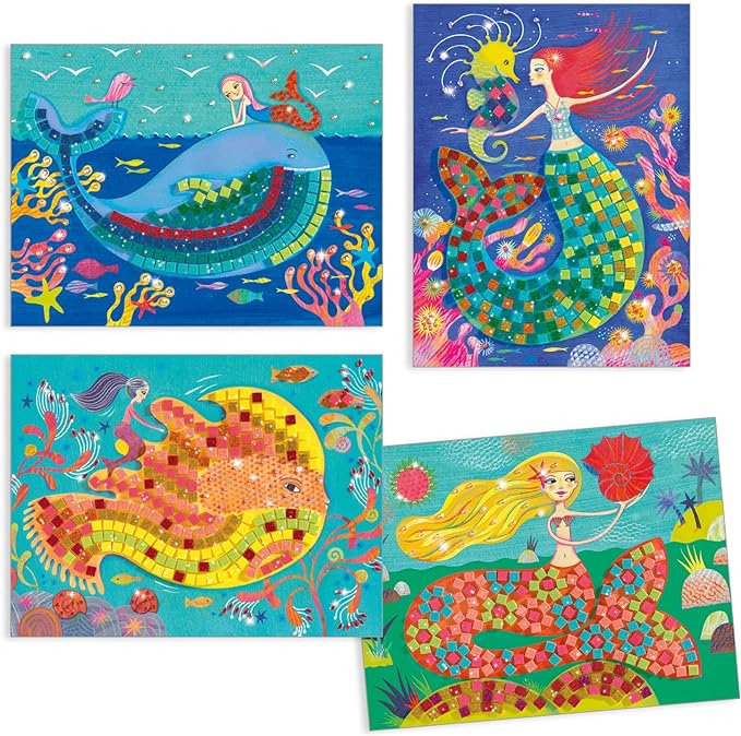 DJECO Mermaid's Song Mosaic Arts & Crafts Kit - Create Your Own Glittery Underwater Scene for School - Fun & Creative for Family & Friends, Boys & Girls, Educational, Sticker Foam for Kids 5+
