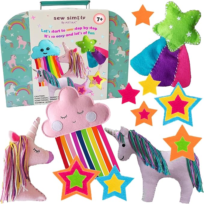 ARTIKA Sewing Kit for Kids - Craft Kit for Girls & Boys w/Booklet, Stencil Shapes, Supplies to Sew and Travel Case (Unicorn)