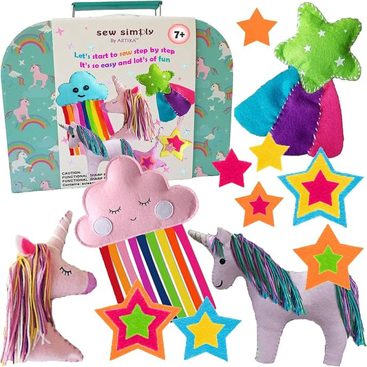 ARTIKA Sewing Kit for Kids - Craft Kit for Girls & Boys w/Booklet, Stencil Shapes, Supplies to Sew and Travel Case (Unicorn)