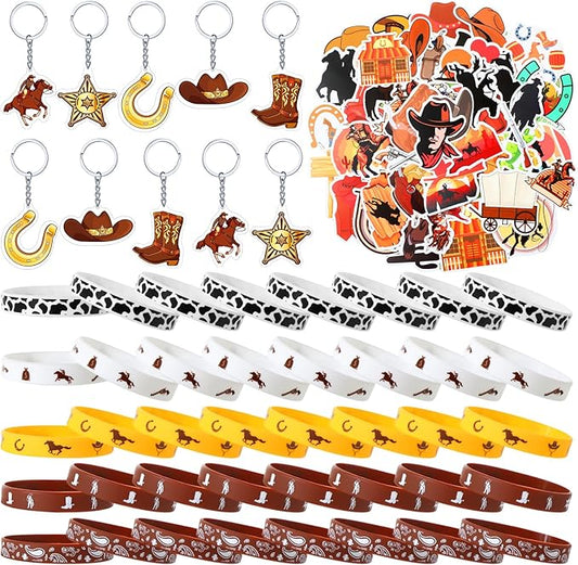 Nosiny 90 Pieces Cowboy Cowgirl Party Favor Supplies, Includes Silicone Bracelets Stretch Wristbands Acrylic Keychains and Cowboy Stickers for Western Themed Birthday Baby Shower Party Favors