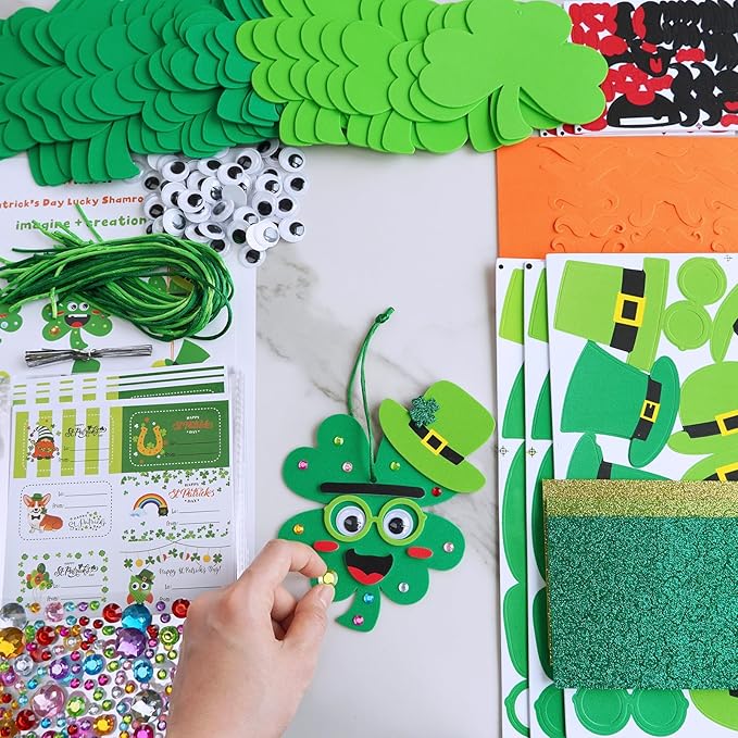 Winlyn 27 Sets St. Patrick's Day Decorations Lucky Shamrock Ornaments DIY St. Pat's Craft Kits Four-Leaf Clover Irish Lucky Shamrock Foam Stickers for Kids Party Classroom Home Activities Art Project
