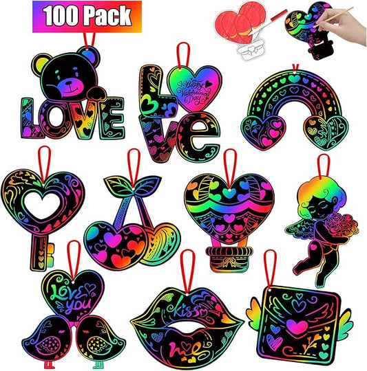 PARTYWIND 100 Pack Valentine's Day Scratch Paper Art for Kids, Magic Valentines Crafts for Classroom Exchange Games Activity, Valentines Decorations Ornaments for Party Supplies