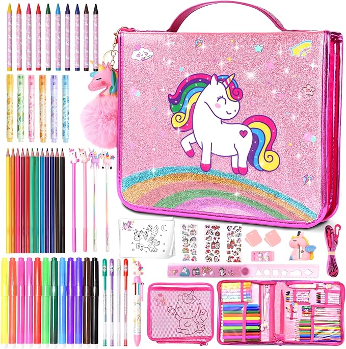 70Pcs Fruit Scented Markers Kit - Kawaii Stationery Set with Unicorn Pencil Case, Art Coloring Drawing Kit for Kid Include Marker, Pencil, Crayon, Pen, Eraser, Sticker, Unicorn Xmas Gift for Girl 4-12