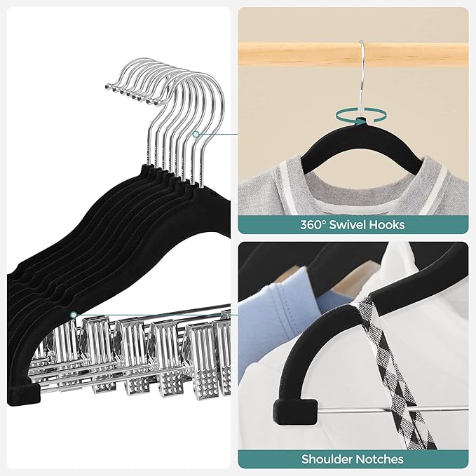 SONGMICS Baby Hangers, 30 Packs Pants Hangers with Clips, Kids Hangers with 6 Clothes Dividers, Non-Slip Children’s Clothes Hangers, Pants Hangers, Black UCRF013B30