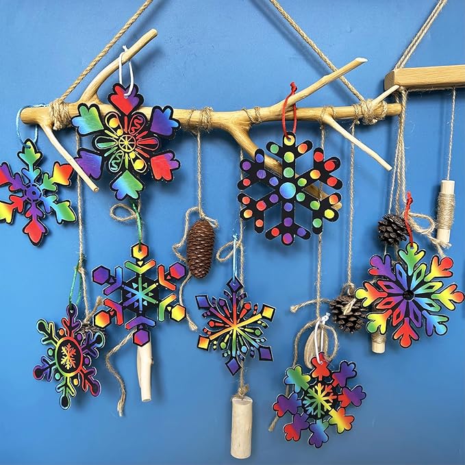 Winlyn 56 Sets 8 Styles Magic Color Scratch Snowflake Ornaments Christmas Scratch Art Decorations Christmas Craft Kits Winter Crafts for Kids Party Favors Holiday Seasonal Home Classroom Activities