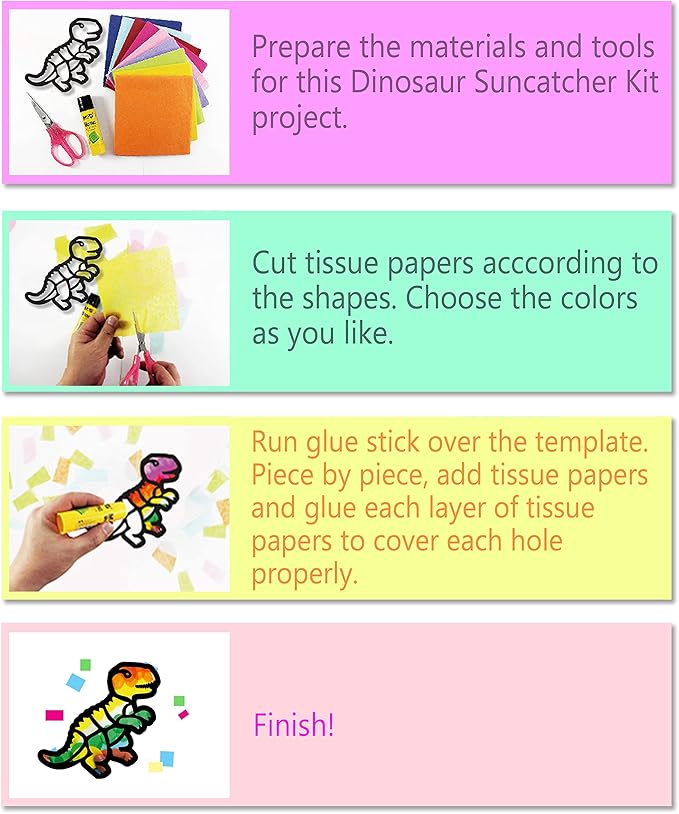 VHALE Suncatchers Craft 3 Sets (9 Cutouts) w Tissue Papers Stained Glass Effect Paper Sun Catcher Kit, Window Art, Classroom Crafts, Creative Art Projects, Kids Party Favors (Dinosaur)
