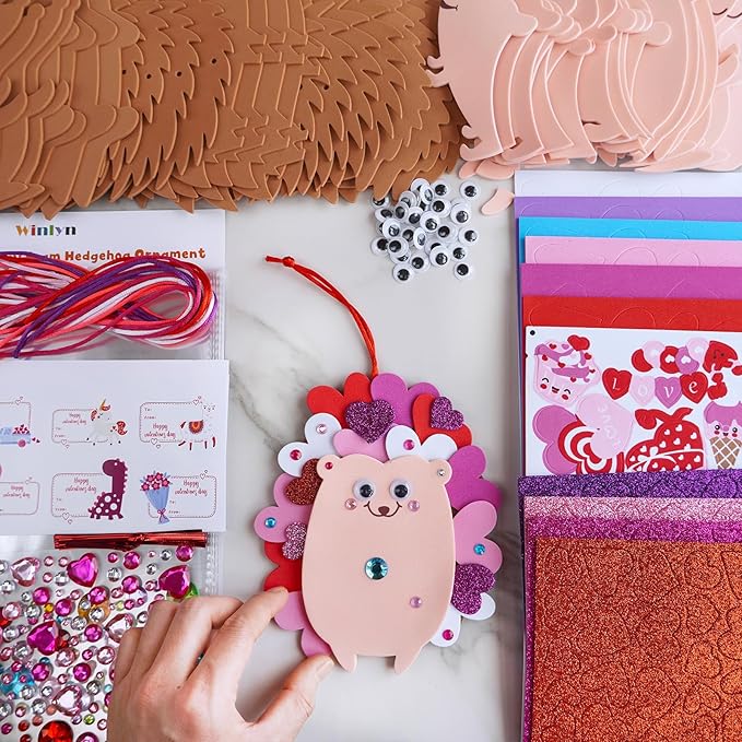 Winlyn 24 Sets Heart Hedgehog Ornaments Decorations Valentine Crafts Kits Heart Hedgehog Art Sets Heart Foam Valentine Stickers for Kids Valentine's Day Party Classroom Activities Gift Exchange