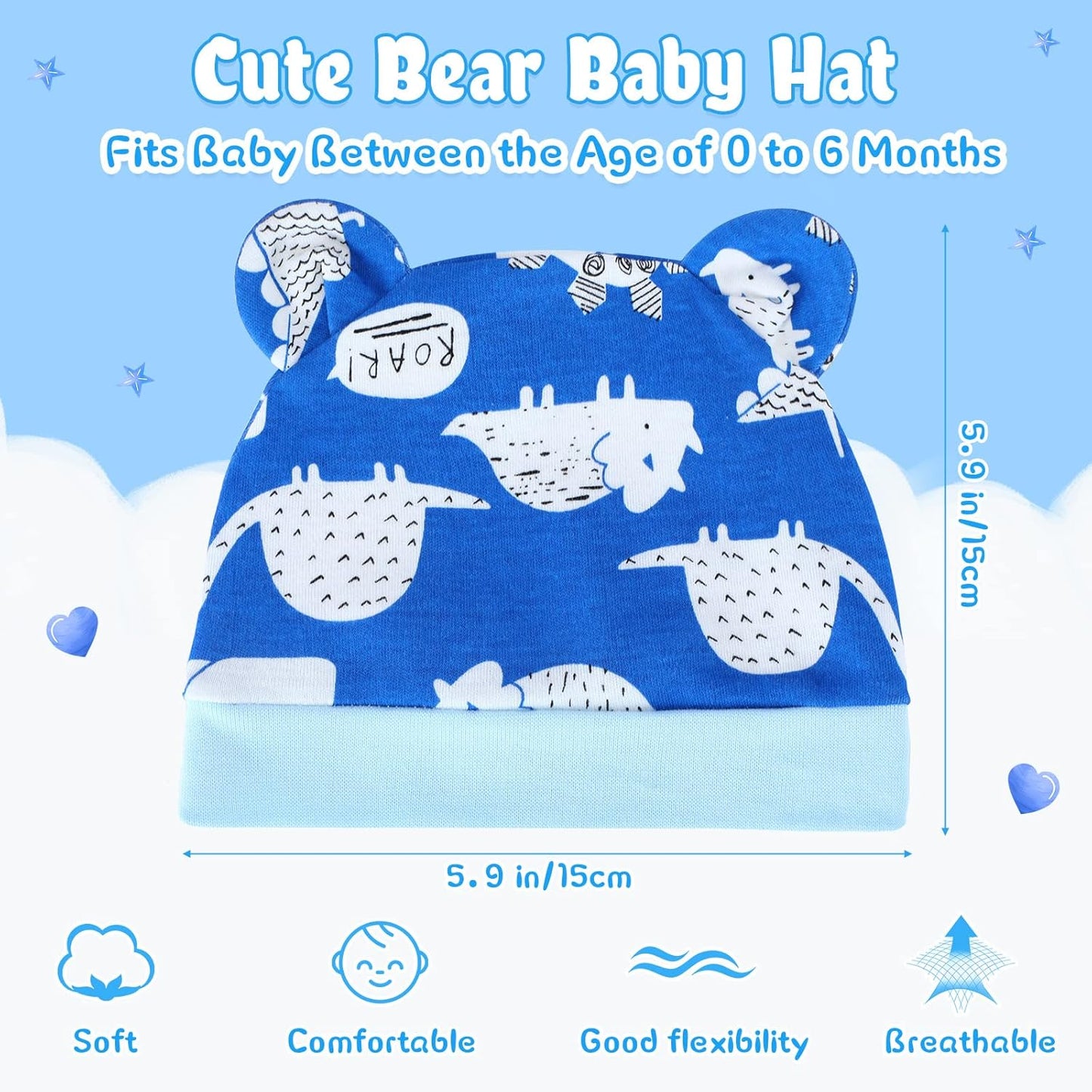 Geyoga 6 Pieces Newborn Baby Hat Bear Ears Infant Caps Baby Boy Girl Toddler Hats Infant Beanie Caps for 0-3 Months