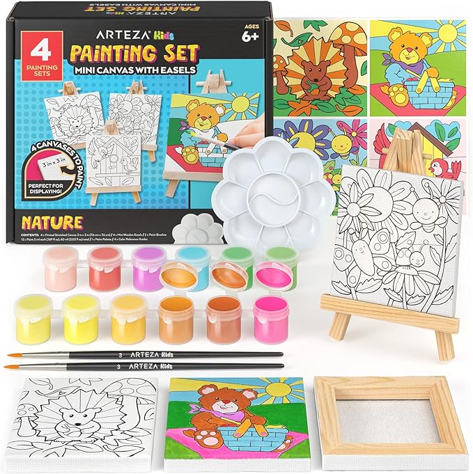 Arteza Kids Nature Painting Kit, 4 Canvases 3 x 3 Inches, 4 Easels, 12 Acrylic Paints, 2 Paint Brushes, 1 Palette, Kids Activities for Ages 6 and Up