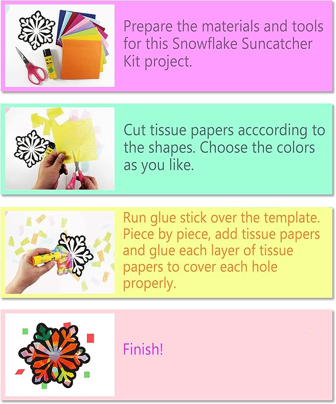 VHALE Suncatchers Craft 3 Sets (9 Cutouts) w Tissue Papers Stained Glass Effect Paper Sun Catcher Kit, Window Art, Classroom Crafts, Creative Art Projects, Kids Party Favors (Snowflake)