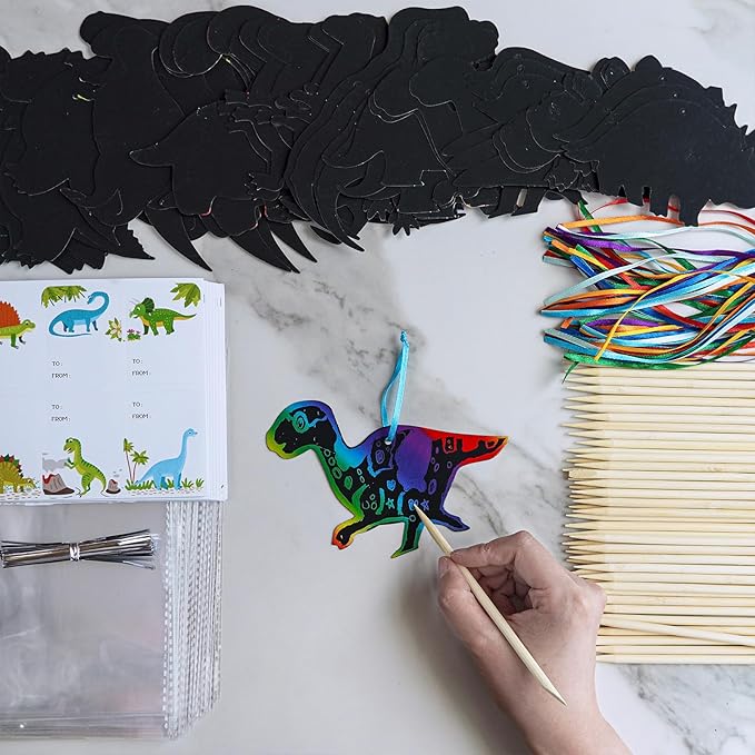Winlyn 48 Sets 12 Styles Magic Color Scratch Dinosaur Ornaments Craft Kits Rainbow Scratch Paper Art Sets Scratch Paper Dinosaur with Scratching Tools for Kids Classroom Activities Party Favors