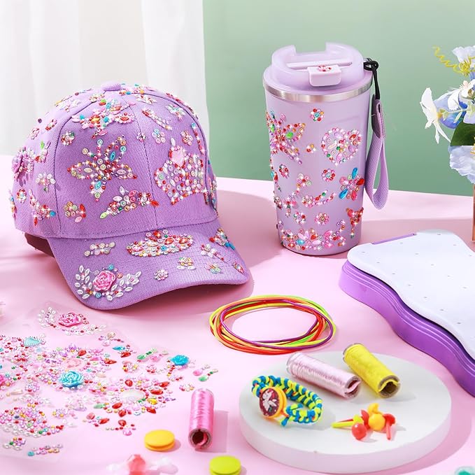 Decorate Your Own Water Bottle and Baseball Cap Bracelet Making Kit Set DIY Arts and Crafts Gifts for Girls Butterfly Gems Crafts Stickers for Girls Christmas Birthday Gifts(Purple)