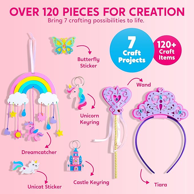 Klever Kits Unicorn DIY Craft Kit for 7 Projects, Make Your Own Unicorn Art, Castle, Dreamcatcher, Tiara, Wand, Birthday Gift, Craft Kits for Kids Ages 5+