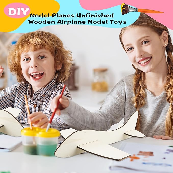 Feradny 24 Pack Unfinished Wooden Airplane Model Toys DIY Model Planes Wood Plane kit Handcraft Plane to Paint for Kids School Art Activity Birthday Carnival Party (Color Style 2)…
