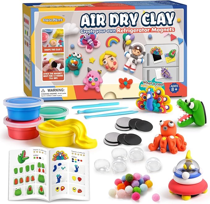 Drama Planet Air Dry Clay Kit for Kids, Create Your Own Refrigerator Magnets with Modeling Clay, Art Activity Set, Craft Project Gifts for Boys & Girls