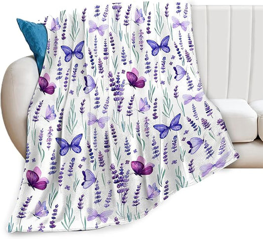 Purple Lavender Floral Flowers Butterfly Throw Blanket Gifts for Girls Boys Men Women Ultra Soft Warm All Season Decorative Fleece Blankets for Bed Chair Car Sofa Couch Bedroom 50"X60"