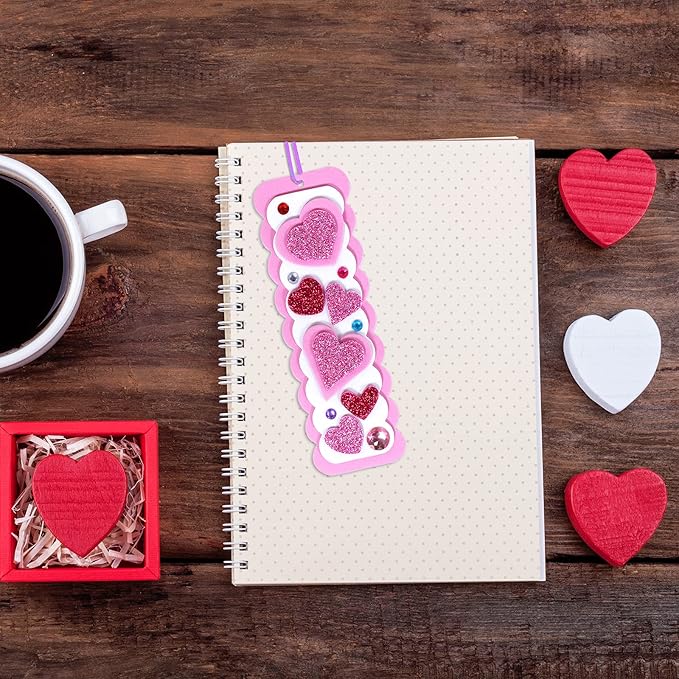 Winlyn 24 Sets Valentine's Day Decorations DIY Heart Bookmarks Valentine Craft Kits Blank Foam Bookmarks with Assorted Hearts Stickers for Kids Classroom Activities Reading Party Favors Gift Exchange