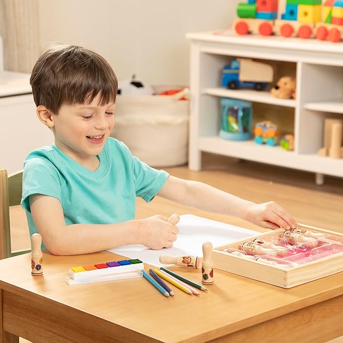 Melissa & Doug Deluxe Happy Handle Stamp Set With 10 Stamps, 5 Colored Pencils, and 6-Color Washable Ink Pad