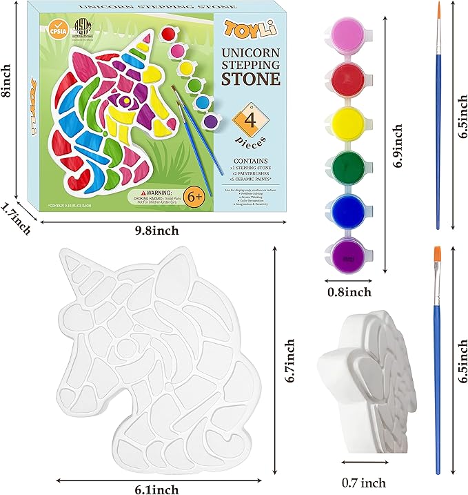 TOYLI Unicorn Painting Kit for Kids, Unicorn Art Set, Unicorn Project, DIY, Stepping Stone kit, Includes 2 Painting Brushes and 6 Paints Mess-Free, Kids Arts and Crafts