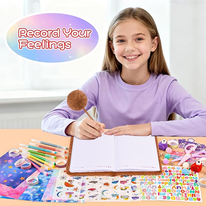 LiYiQ Plush Highland Cow Diary Gift for Girls Kids Travel Journal Secret Diary with Scrapbook Paper Stickers Journal Stencils Pompom Pen and Washi Tape Practical Set Gift for Birthday Christma