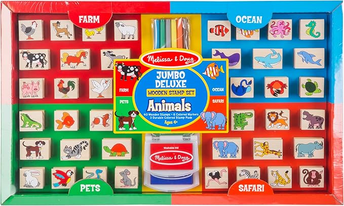 Melissa & Doug Jumbo Deluxe Wooden Stamp Set Animals (40 Stamps, 7 Markers, 3 Colored Ink Pads)
